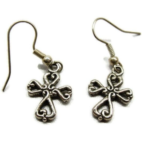 Celtic Cross Silver Tone Vertical Drop Dangle Hook Earrings Womans - Picture 1 of 3